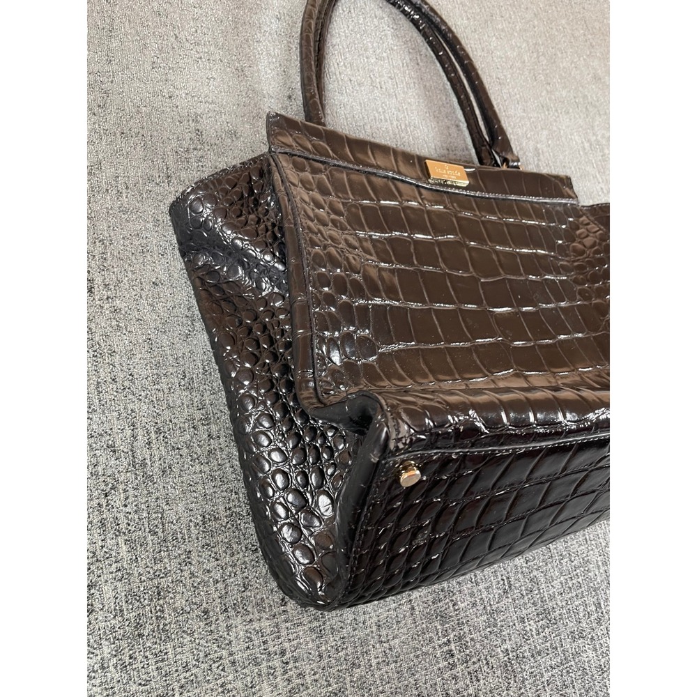 Kate Spade Black Croc Embossed Patent Leather Tote Bag Shoulder Purse Gold Logo - Picture 4 of 9
